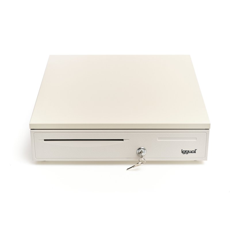 CAJÓN PORTAMONEDAS IGGUAL IRON-50W 42 CM 5+8 BLANCO · RJ11 12V · CERRADURA 3 POSICIONES · RANURA FRONTAL