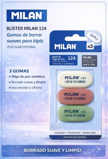BLÍSTER MILAN 124  GOMAS DE BORRAR 3 UDS