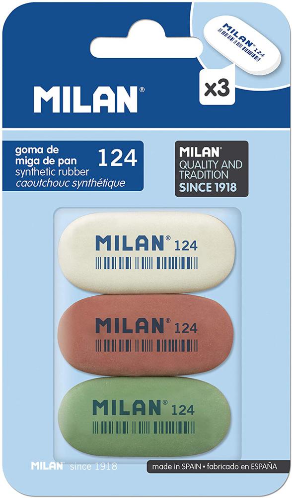 BLÍSTER MILAN 124 – GOMAS DE BORRAR SUAVES PARA LÁPIZ (ESCOLAR/OFICINA)  3 GOMAS 
