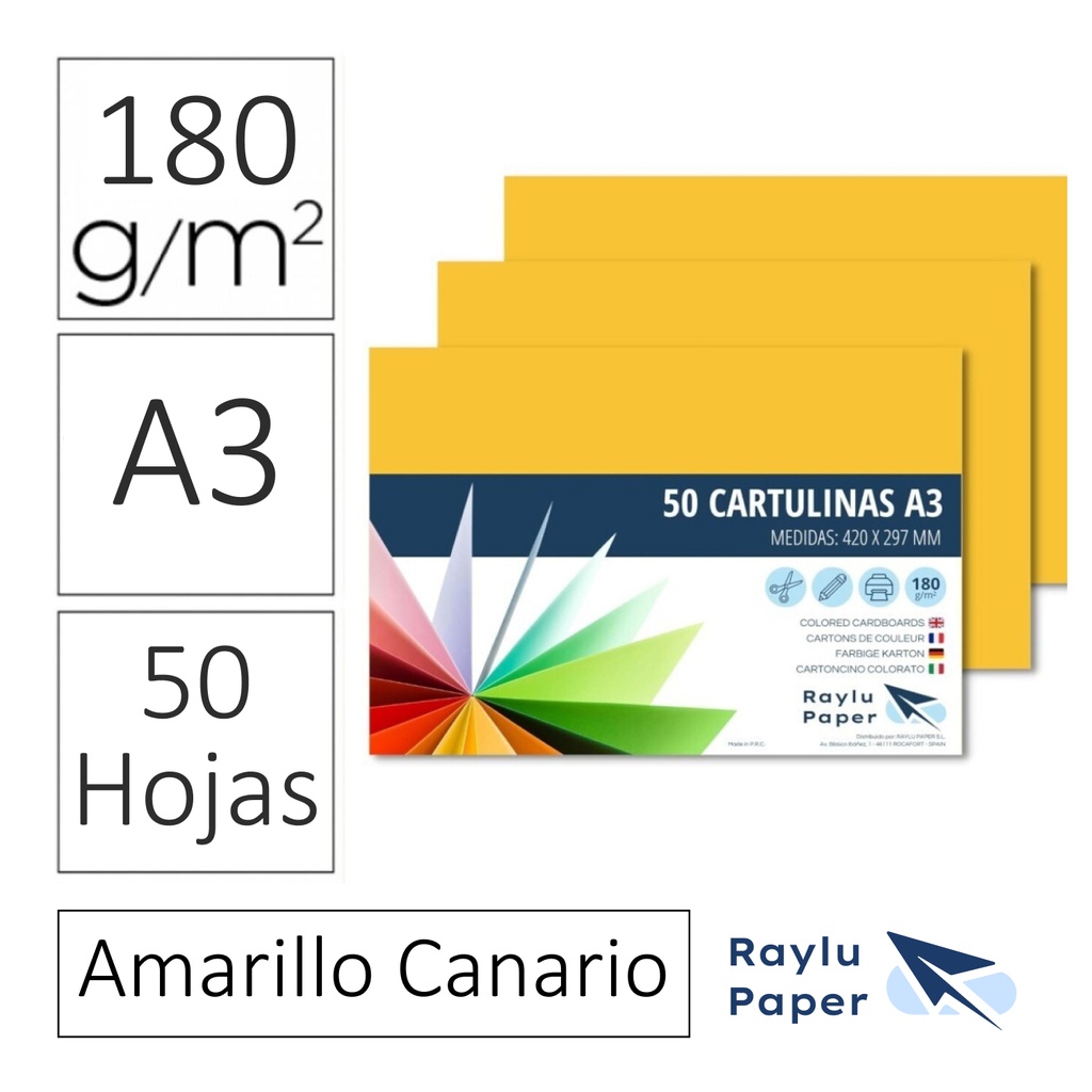 RAYLU PAPER® – CARTULINAS A3 180 G (PACK 50 HOJAS) 420 × 297 MM – AMARILLO CANARIO