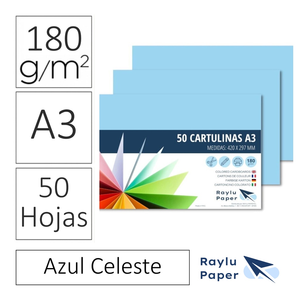 RAYLU PAPER® – CARTULINAS A3 180 G (PACK 50 HOJAS) 420 × 297 MM – AZUL CELESTE