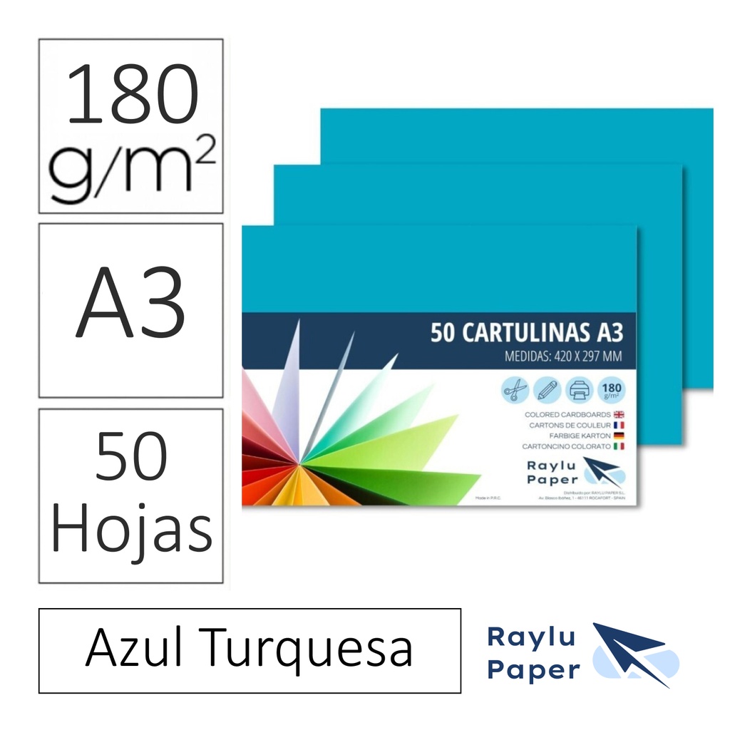 RAYLU PAPER® – CARTULINAS A3 180 G (PACK 50 HOJAS) 420 × 297 MM – AZUL TURQUESA