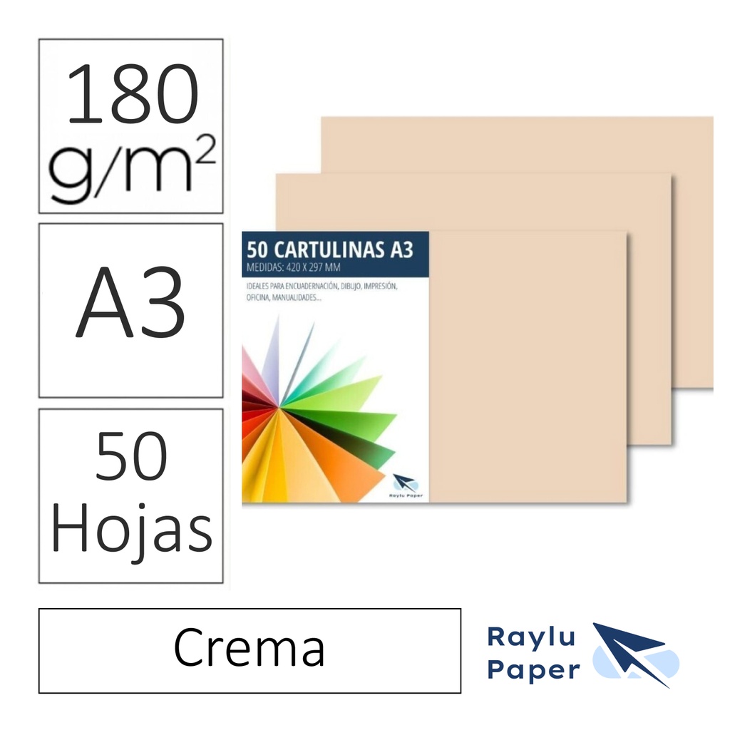 RAYLU PAPER® – CARTULINAS A3 180 G (PACK 50 HOJAS) 420 × 297 MM – CREMA