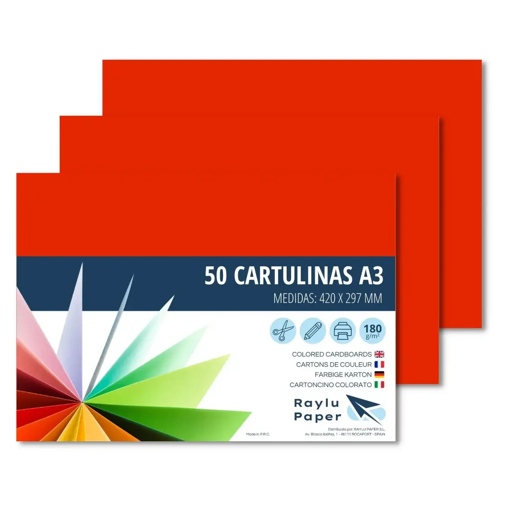 CARTULINAS A3 ROJO TOMATE RAYLU 180G 50 HOJAS