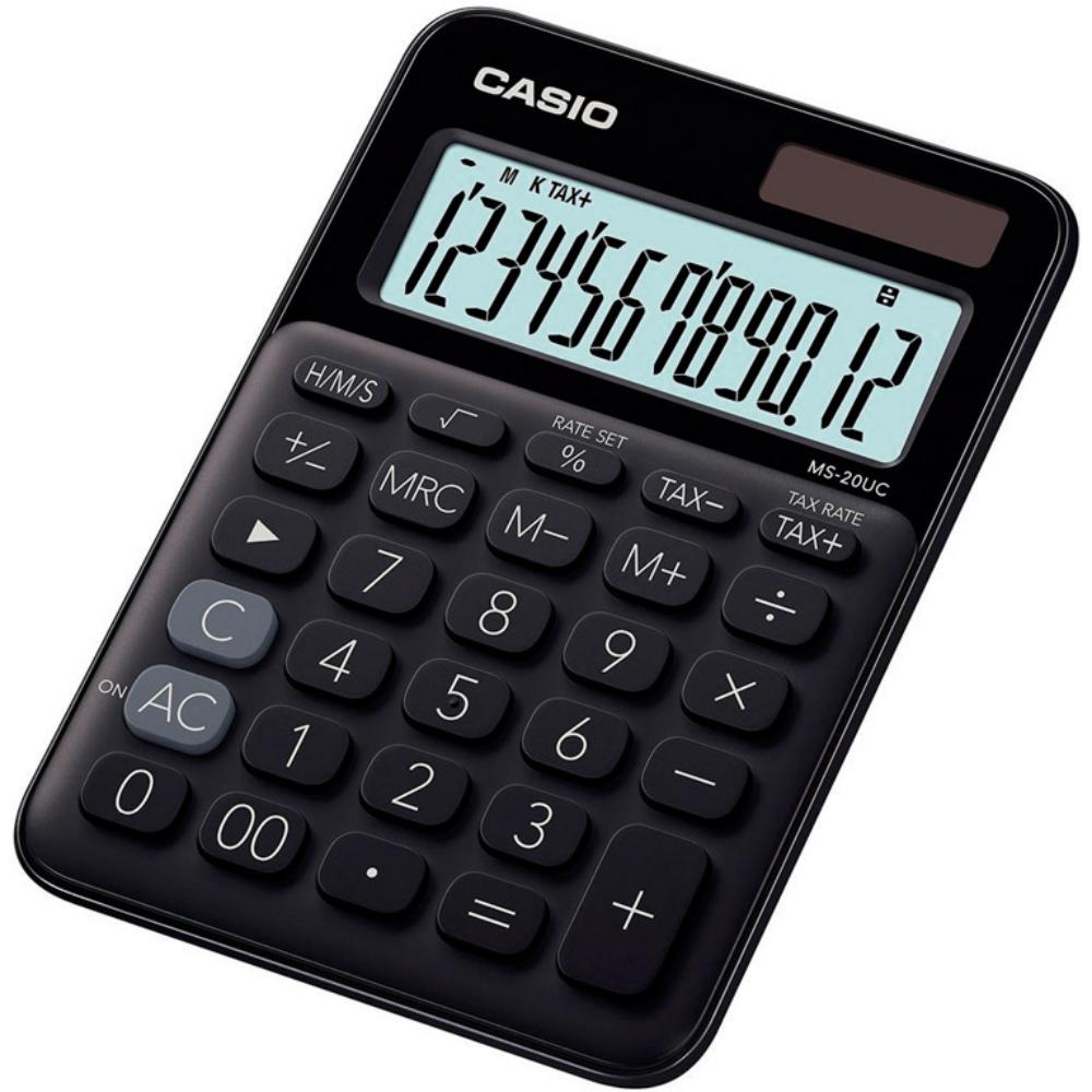CALCULADORA CASIO MS-20UC NEGRO · 12 DÍGITOS · PANTALLA XL · SOLAR + PILA · IMPUESTOS · CONVERSOR MONEDA