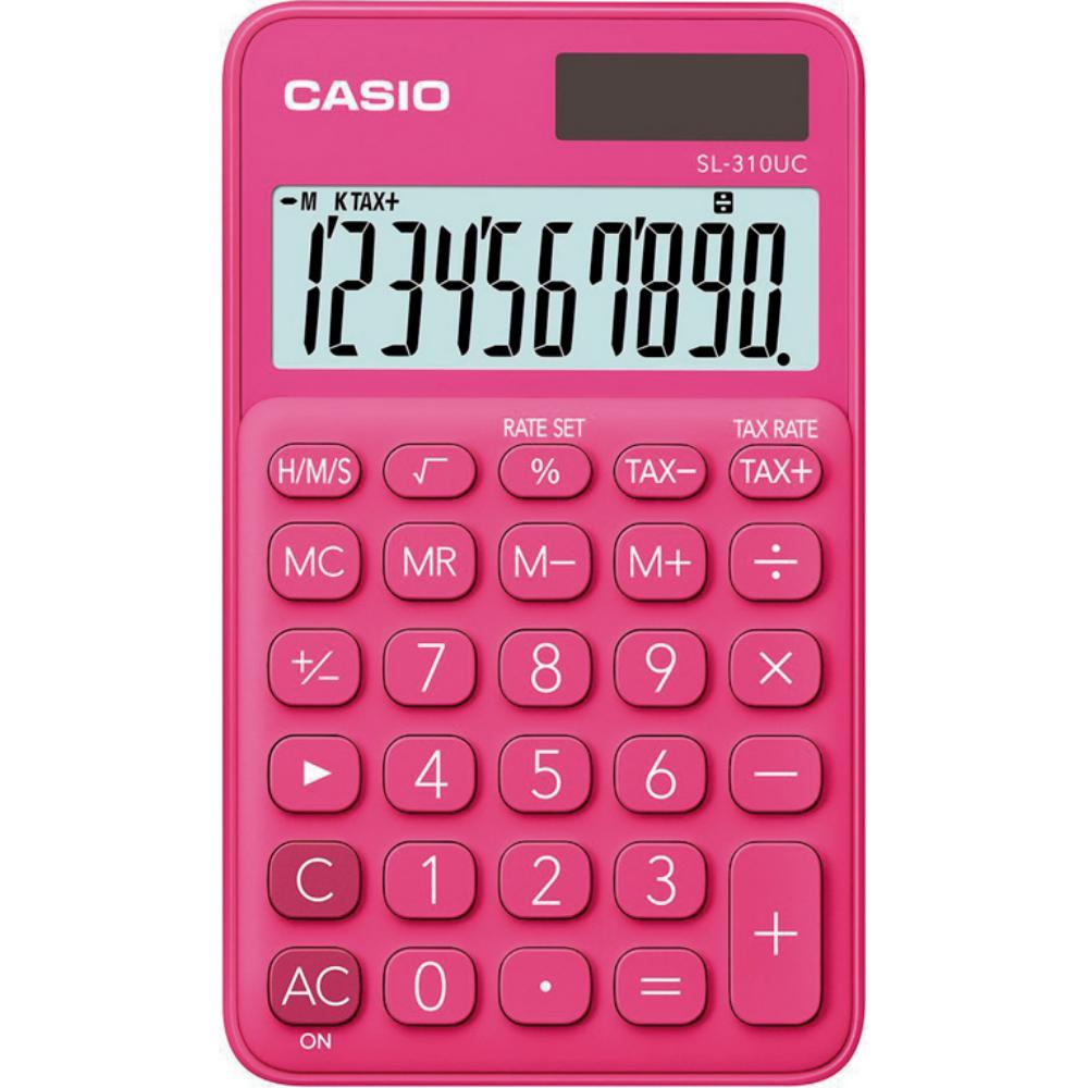 CALCULADORA CASIO SL-310UC ROJA · 10 DÍGITOS · PANTALLA XL · SOLAR + PILA · IMPUESTOS · TIEMPO · % MARGEN
