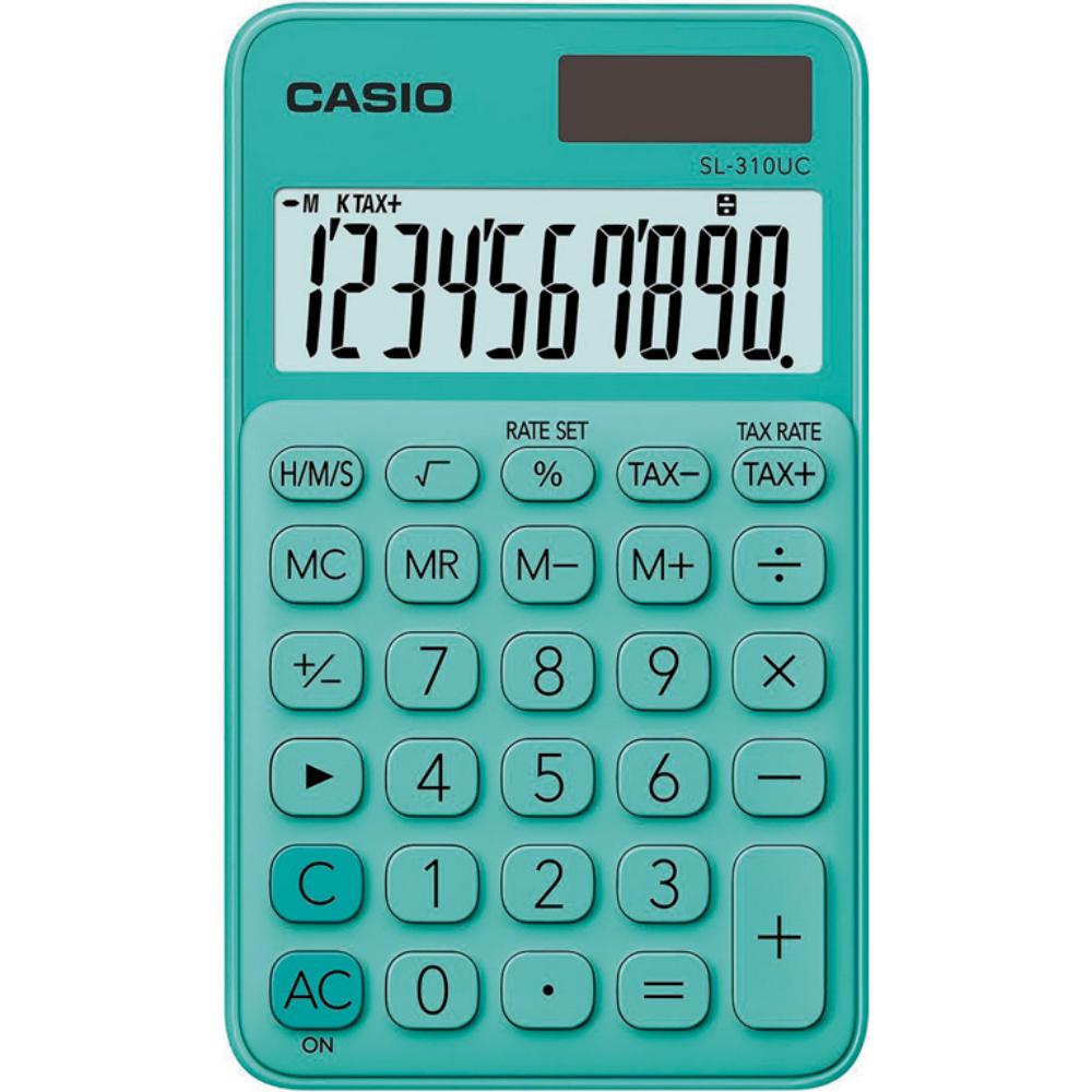 CALCULADORA CASIO SL-310UC VERDE · 10 DÍGITOS · PANTALLA XL · SOLAR + PILA · IMPUESTOS · TIEMPO · % MARGEN