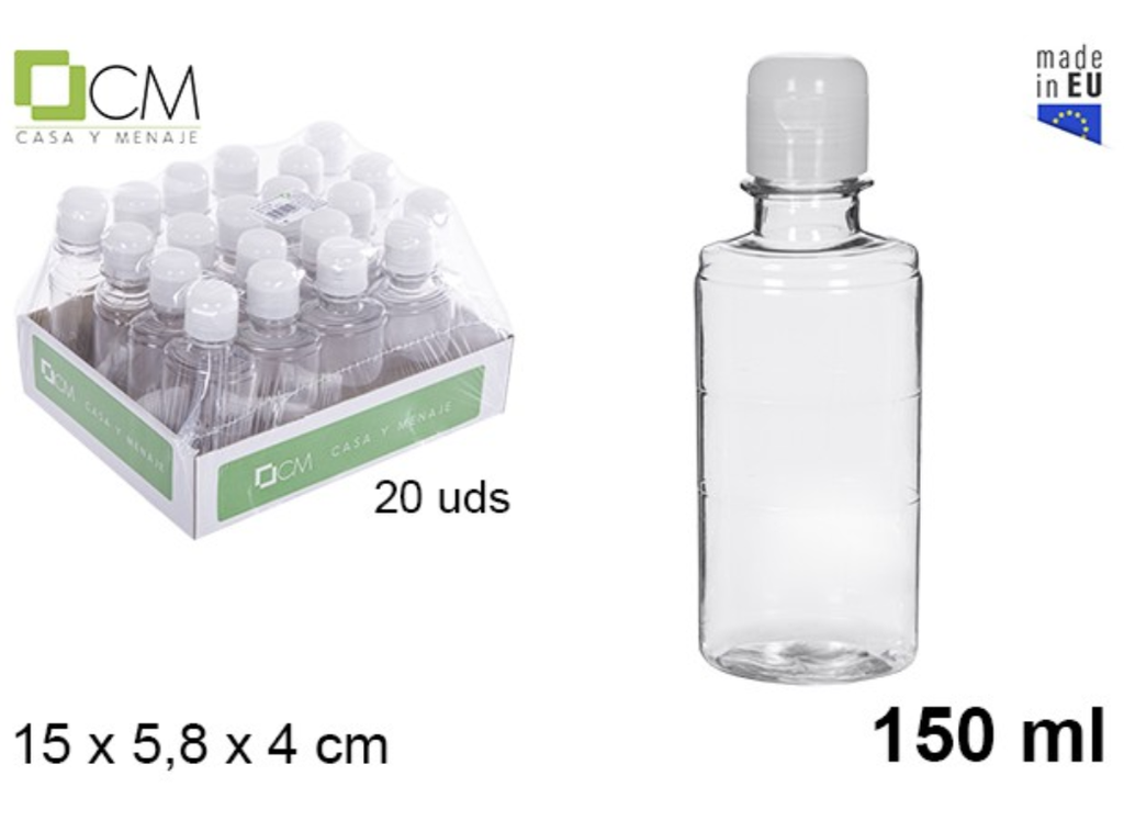 BOTELLA PET CON TAPÓN 150 ML · TRANSPARENTE · RECARGABLE · CIERRE SEGURO