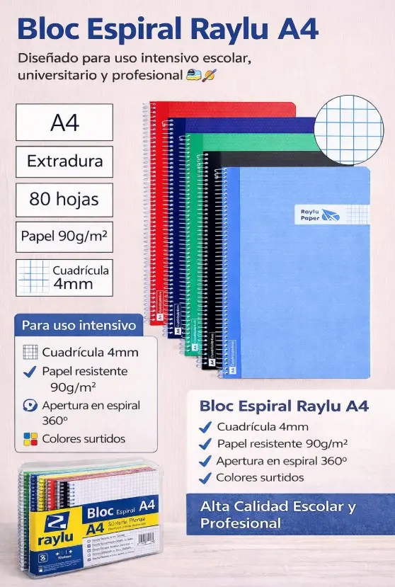 BLOC ESPIRAL A4 TAPA EXTRADURA 80 HOJAS 90 GRAMOS CUADRO 4MM