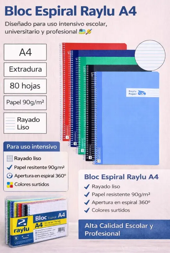 BLOC ESPIRAL A4 TAPA EXTRADURA 80 HOJAS 90 GRAMOS LISO