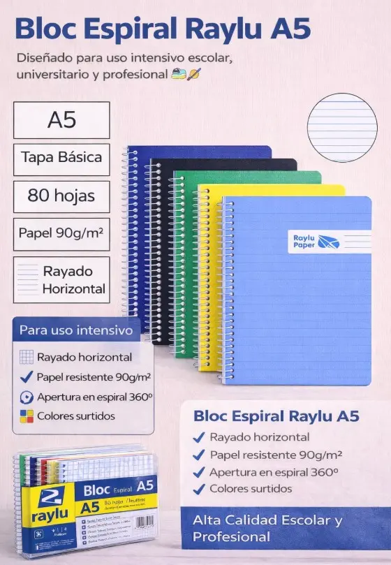 BLOC ESPIRAL A5 TAPA BASICA 80 HOJAS 60 GRAMOS LISO