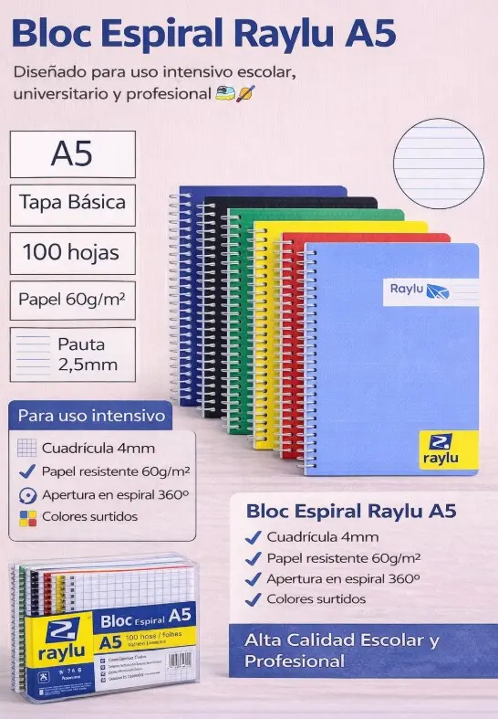 BLOC ESPIRAL A5 TAPA BASICA 80 HOJAS 60 GRAMOS PAUTA 2,5MM