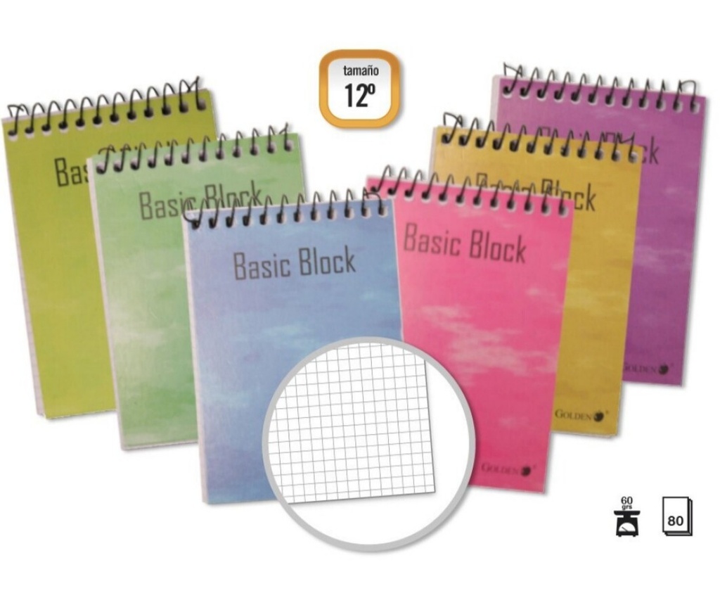 BLOC ESPIRAL GOLDEN 12º APAISADO 85 × 125 MM – 80 HOJAS, 60 G/M², CUADRÍCULA, ESPIRAL SUPERIOR