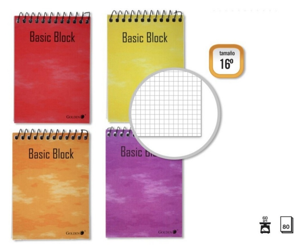 BLOC ESPIRAL GOLDEN 16º APAISADO 75 × 105 MM – 80 HOJAS, 60 G/M², CUADRÍCULA, ESPIRAL SUPERIOR