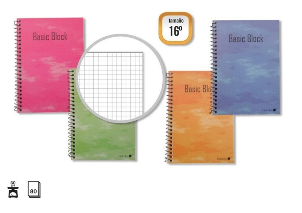 BLOC ESPIRAL GOLDEN 16º NATURAL 75 × 105 MM – 80 HOJAS, 60 G/M², CUADRÍCULA, ESPIRAL LATERAL