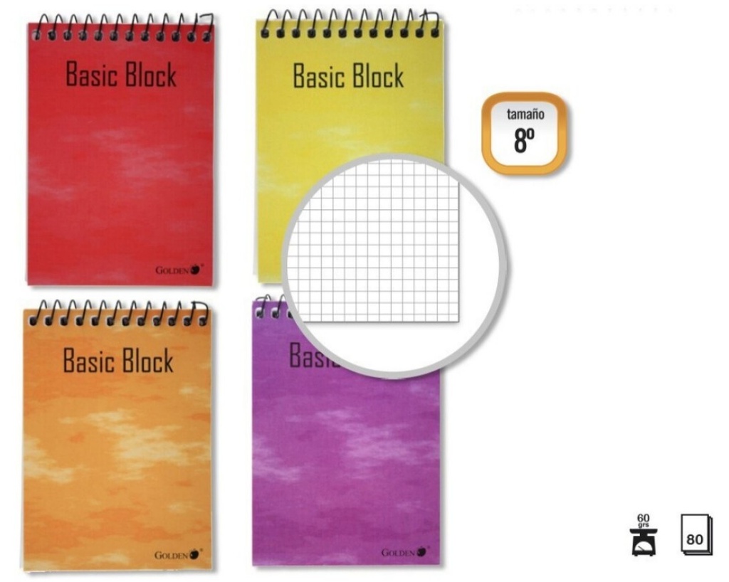BLOC ESPIRAL GOLDEN 8º APAISADO 105 × 150 MM – 80 HOJAS, 60 G/M², CUADRÍCULA, ESPIRAL SUPERIOR