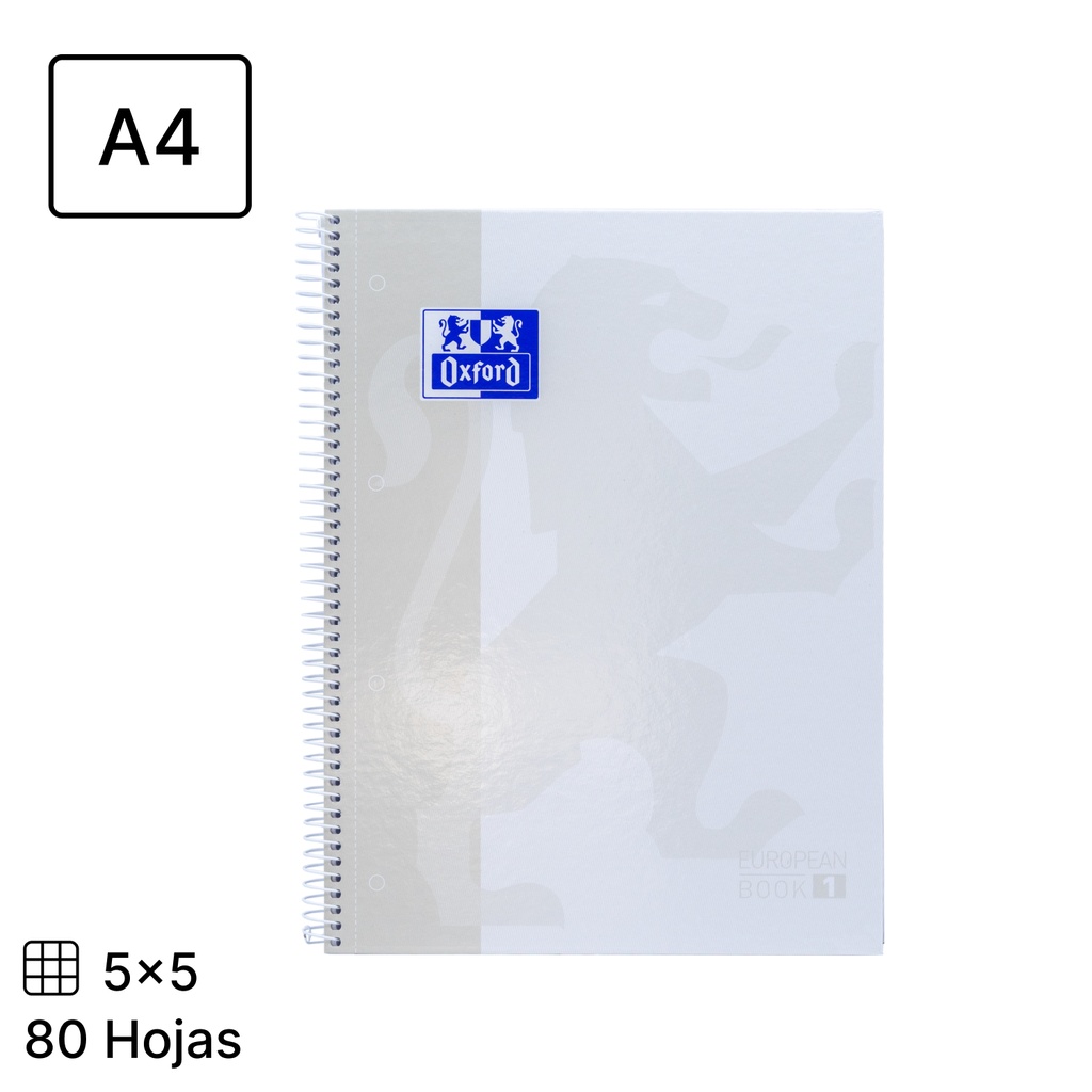 BLOC OXFORD A4+ ESPIRAL CUADRÍCULA 5 MM BLANCO– 80 HOJAS, TAPA EXTRADURA, MICROPERFORADO, 4 TALADROS (EUROPEANBOOK 1)