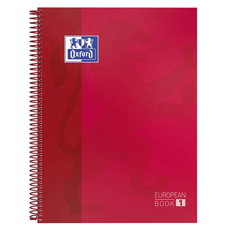 BLOC OXFORD A4+ ESPIRAL CUADRÍCULA 5 MM ROJO– 80 HOJAS, TAPA EXTRADURA, MICROPERFORADO, 4 TALADROS (EUROPEANBOOK 1)
