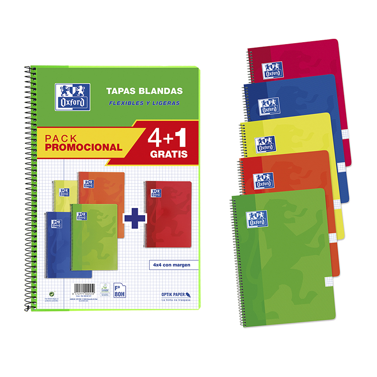 BLOC OXFORD FOLIO ESPIRAL CUADRÍCULA 4 MM – 80 HOJAS, TAPA BÁSICA PACK 4+1