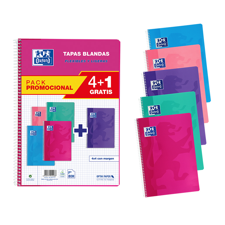 BLOC OXFORD FOLIO ESPIRAL CUADRÍCULA 4 MM – 80 HOJAS, TAPA BÁSICA BLANDA (PACK 4+1), 215 × 310 MM, COLORES VIVOS
