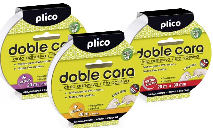 CINTA ADHESIVA DOBLE CARA PLICO 15 MM × 20 M · TRANSPARENTE · CORTE A MANO · LIBRE DE ÁCIDO