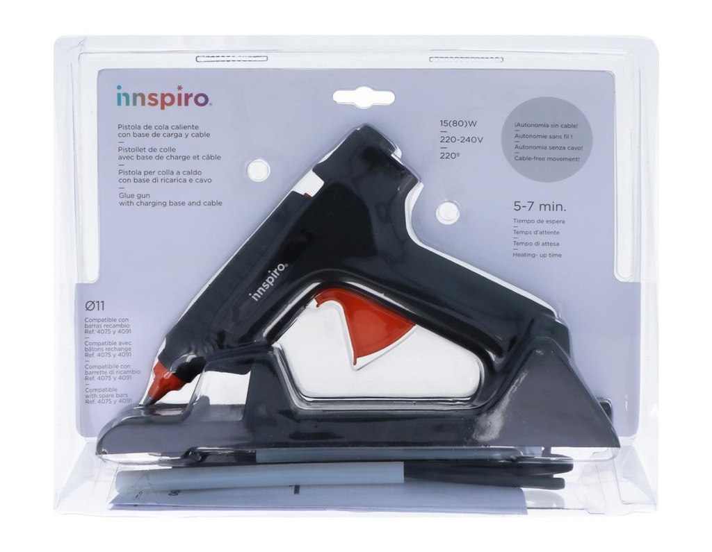 PISTOLA DE COLA CALIENTE SIN CABLE INNSPIRO 15 W + SOPORTE + 2 BARRAS DE COLA