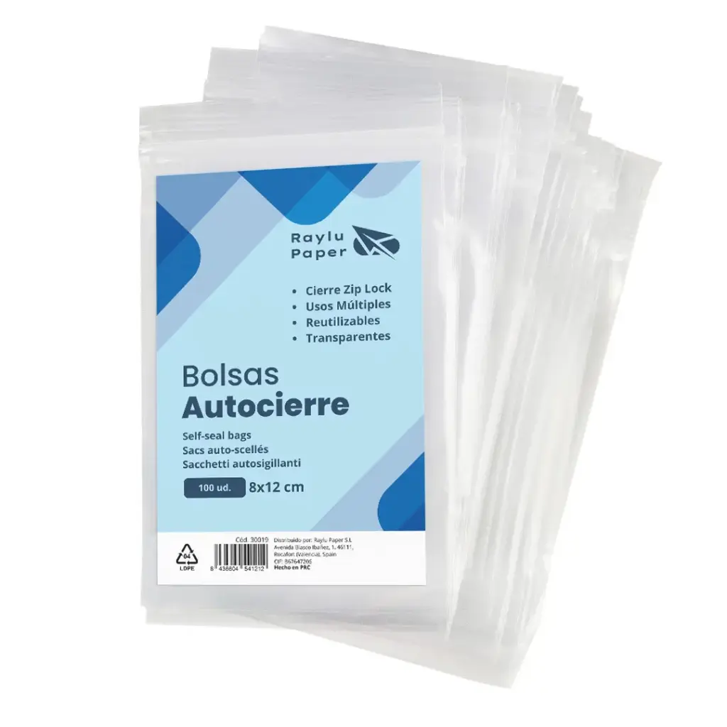 BOLSAS AUTOCIERRE RAYLU  8 × 12 CM · TRANSPARENTES · PACK 100 UDS