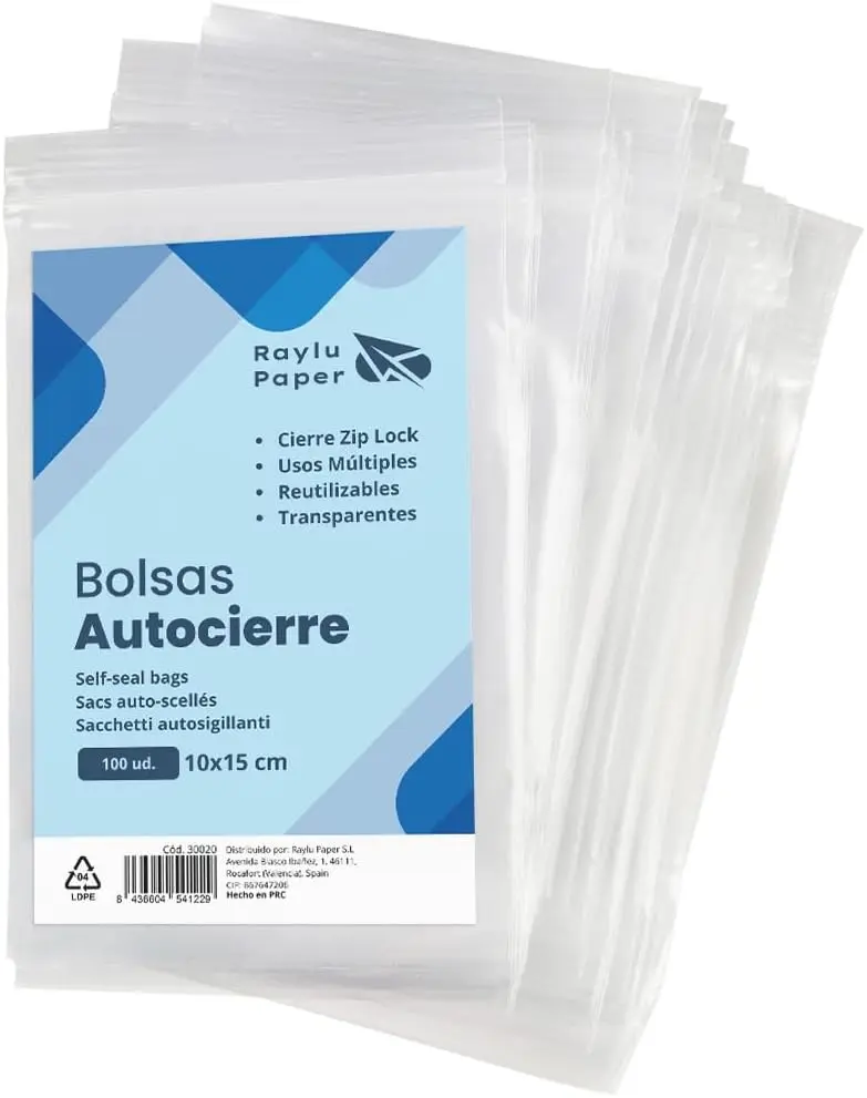 BOLSAS AUTOCIERRE RAYLU 10 × 15 CM · TRANSPARENTES · PACK 100 UDS