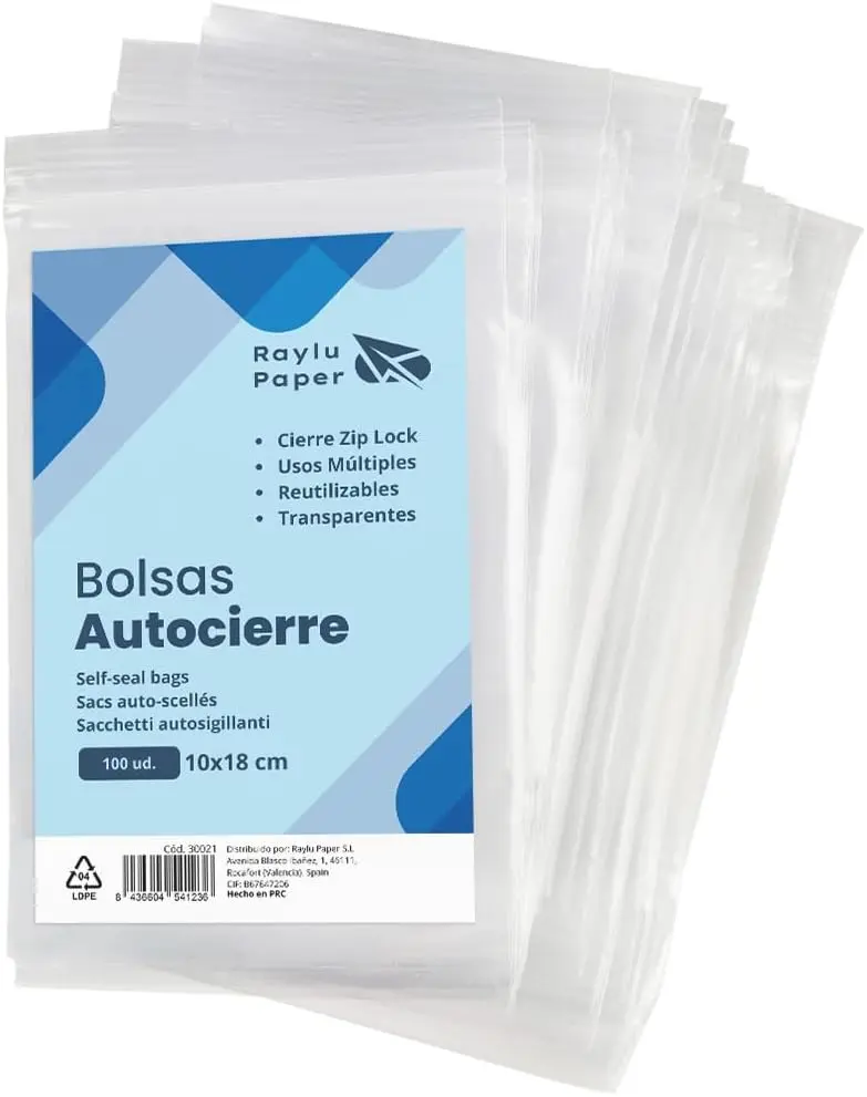 BOLSAS AUTOCIERRE RAYLU 10 × 18 CM · TRANSPARENTES · PACK 100 UDS