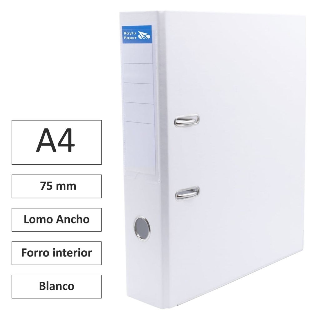 ARCHIVADOR RADO RAYLU  A4 LOMO ANCHO 75MM FORRADO INTERIOR PP BLANCO