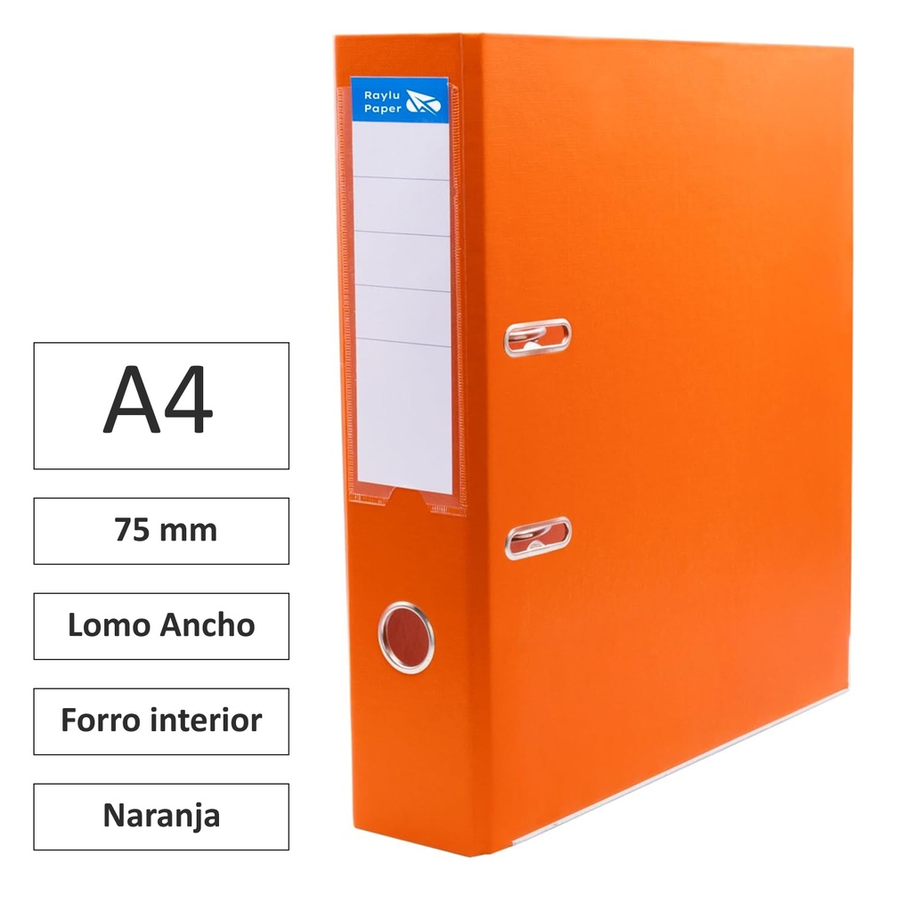 ARCHIVADOR RADO RAYLU  A4 LOMO ANCHO 75MM FORRADO INTERIOR PP NARANJA