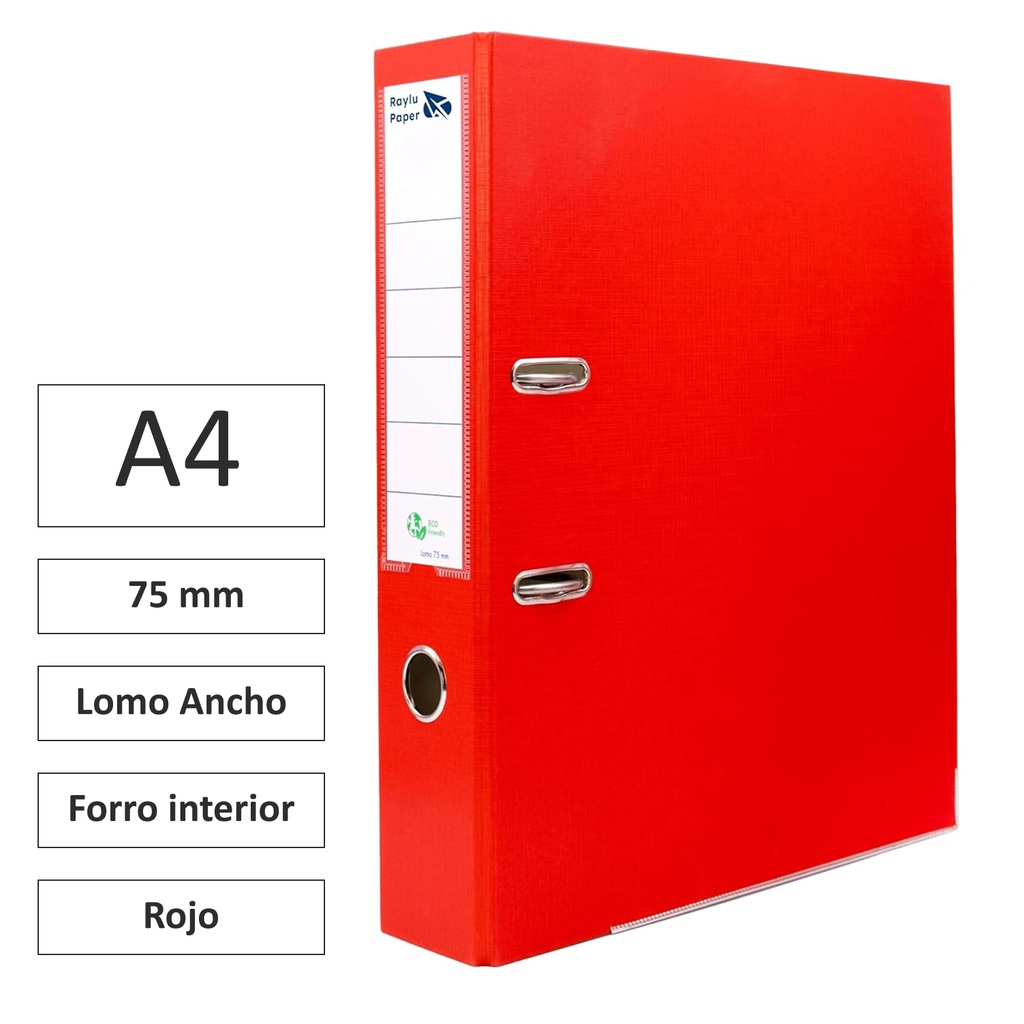 ARCHIVADOR RADO RAYLU  A4 LOMO ANCHO 75MM FORRADO INTERIOR PP ROJO