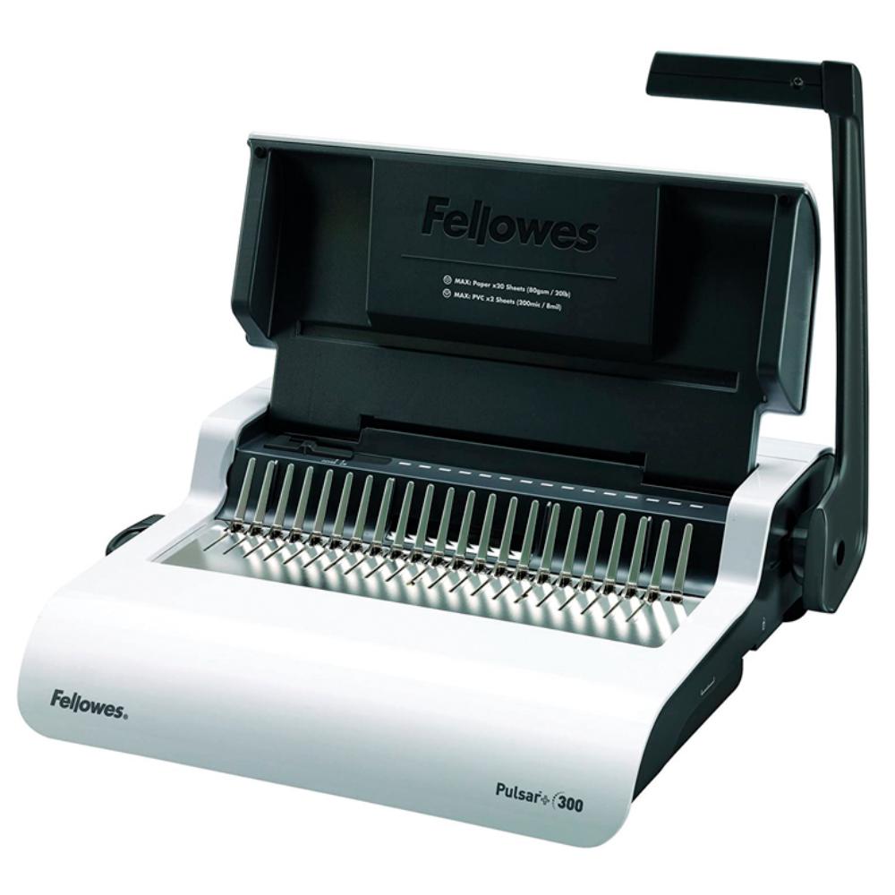 ENCUADERNADORA FELLOWES PULSAR+ – CANUTILLO – PERFORA 20 H / ENCUADERNA 300 H – A4 – CARGA VERTICAL – KIT 10 DOCS – BLANCO/GRIS