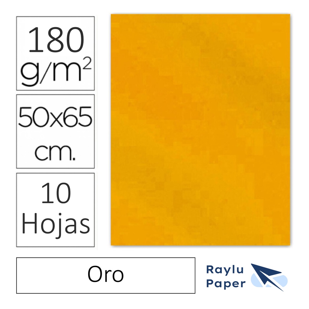 CARTULINA RAYLU  50 × 65 CM 180 GRAMOS – ORO (PACK 10 HOJAS)