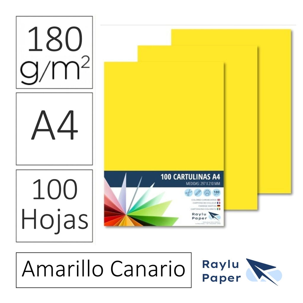 CARTULINAS RAYLU PAPER A4 180 g/m² (AMARILLO CANARIO) · PACK 100 · CORTE LIMPIO · PH NEUTRO · APTAS PARA IMPRESIÓN