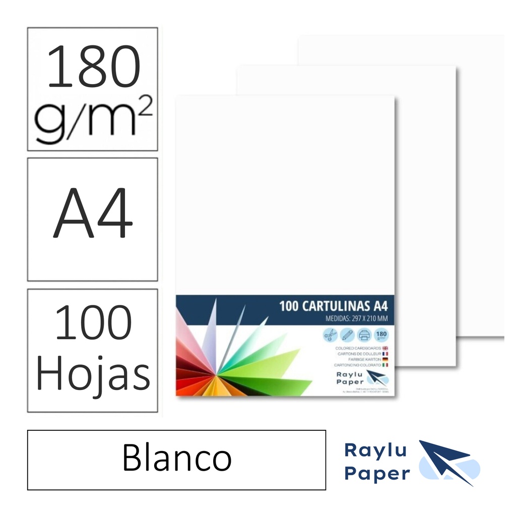 CARTULINAS RAYLU PAPER A4 180 g/m² (BLANCO ) · PACK 100 · CORTE LIMPIO · PH NEUTRO · APTAS PARA IMPRESIÓN