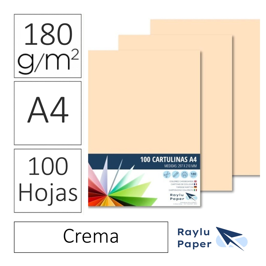 CARTULINAS RAYLU PAPER A4 180 g/m² (CREMA ) · PACK 100 · CORTE LIMPIO · PH NEUTRO · APTAS PARA IMPRESIÓN