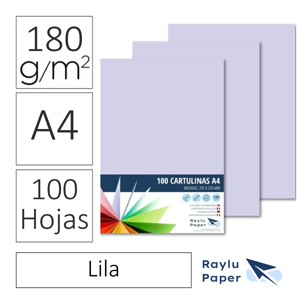 CARTULINAS RAYLU PAPER A4 180 g/m² (LILA) · PACK 100 · CORTE LIMPIO · PH NEUTRO · APTAS PARA IMPRESIÓN