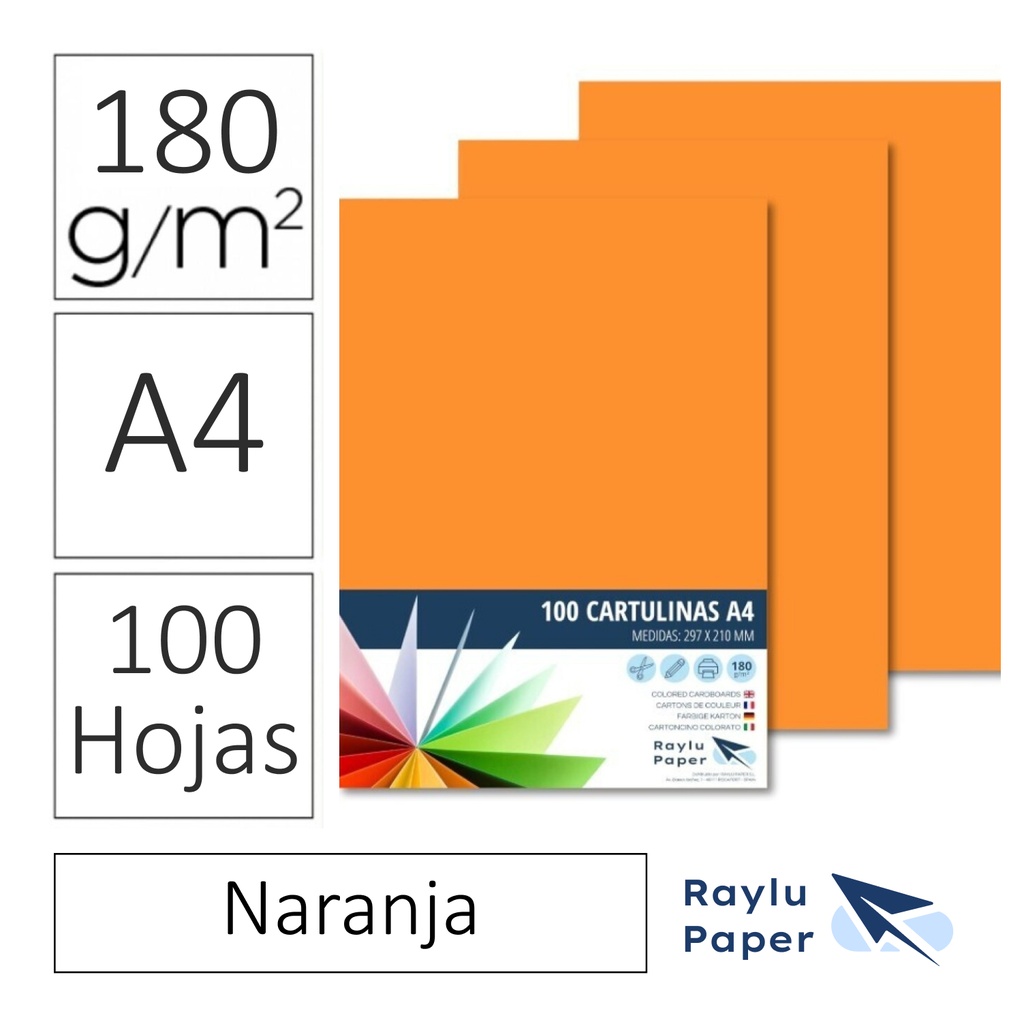 CARTULINAS RAYLU PAPER A4 180 g/m² (NARANJA ) · PACK 100 · CORTE LIMPIO · PH NEUTRO · APTAS PARA IMPRESIÓN