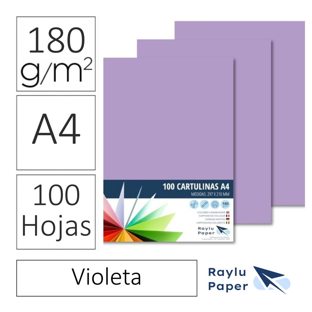CARTULINAS RAYLU PAPER A4 180 g/m² (VIOLETA) · PACK 100 · CORTE LIMPIO · PH NEUTRO · APTAS PARA IMPRESIÓN