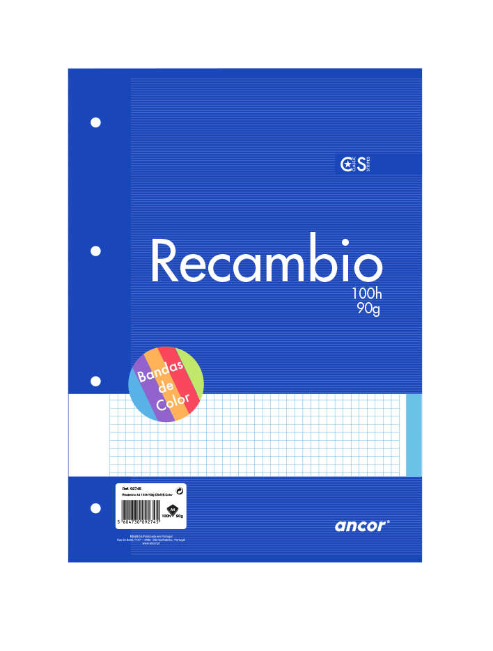 RECAMBIO A4 100 HOJAS 90 GRAMOS CUADRO 4MM 5 COLORES