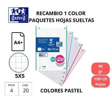 RECAMBIO A4 OXFORD CUADRÍCULA 5x5 120 HOJAS 4 TALADROS COLORES PASTEL