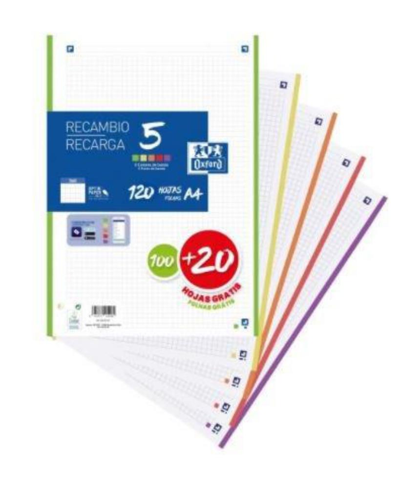 RECAMBIO A4 CUADRÍCULA 5x5 – 120 HOJAS, 4 TALADROS, COLORES VIVOS OXFORD