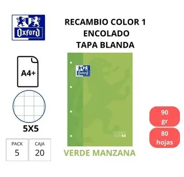 RECAMBIO A4 OXFORD COLOR 1 VERDE 90G CUADRO 5MM