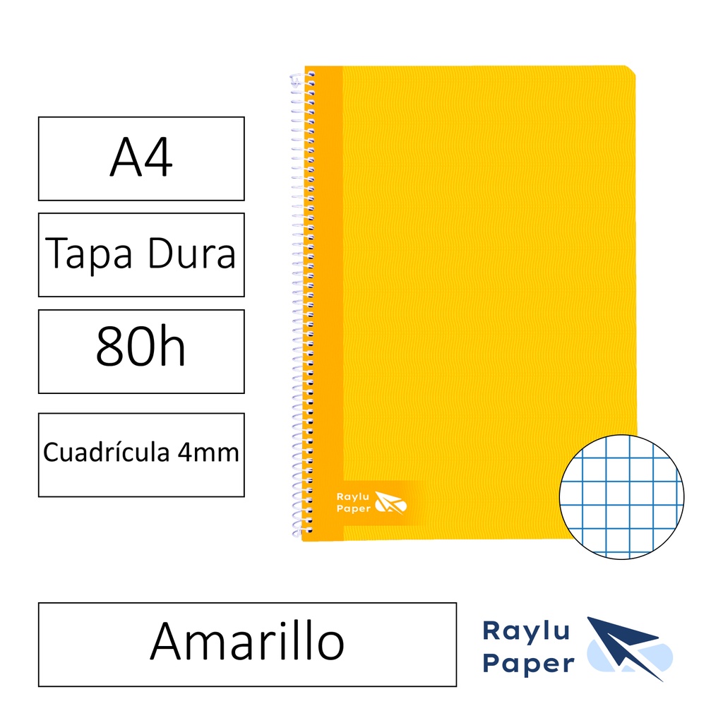 BLOC ESPIRAL FOLIO TAPA DURA 80 HOJAS 70 GRAMOS CUADRO 4MM AMARILLO RAYLU