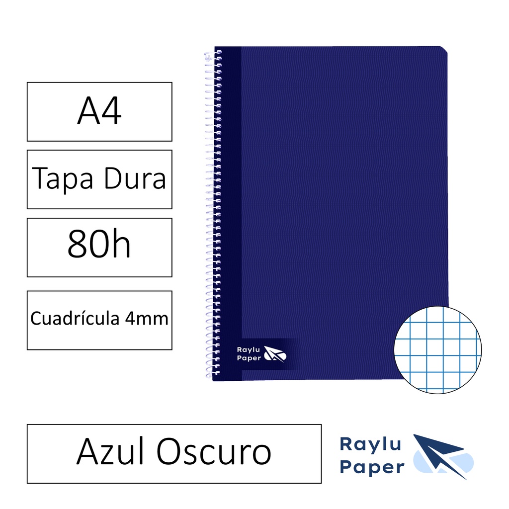 BLOC ESPIRAL FOLIO TAPA DURA 80 HOJAS 70 GRAMOS CUADRO 4MM AZUL OSCURO RAYLU
