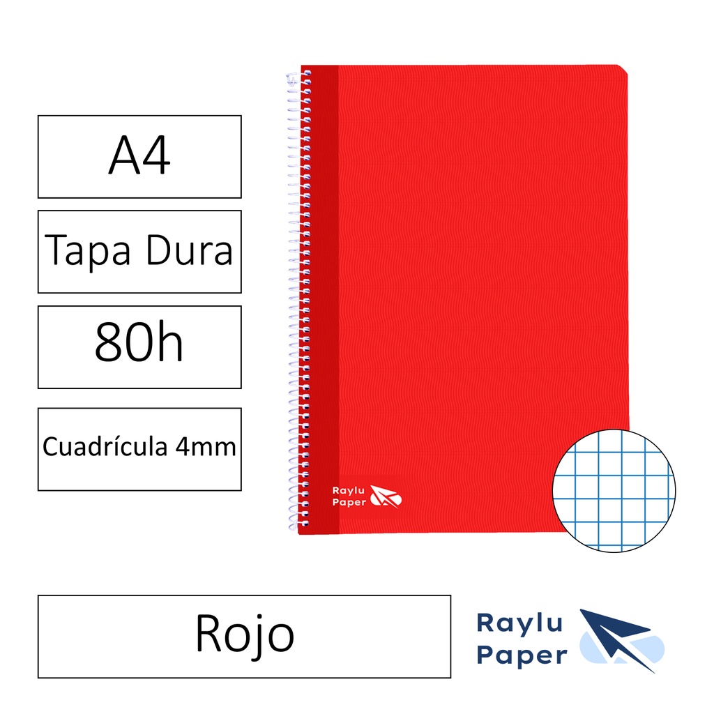 BLOC ESPIRAL FOLIO TAPA DURA 80 HOJAS 70 GRAMOS CUADRO 4MM ROJO RAYLU