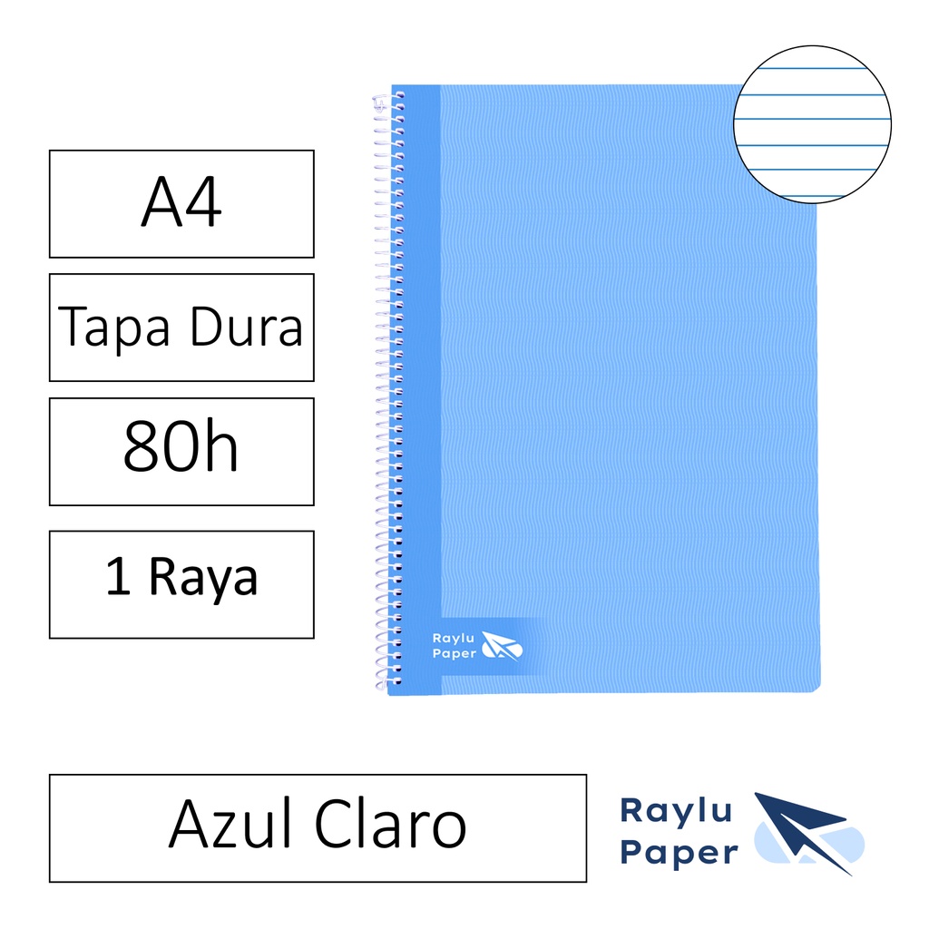 BLOC ESPIRAL FOLIO TAPA DURA 80 HOJAS 70 GRAMOS HORIZONTAL AZUL CLARO RAYLU