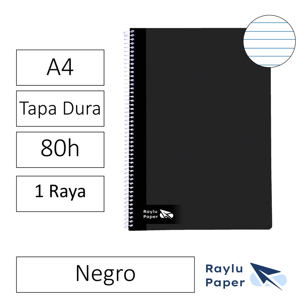 BLOC ESPIRAL FOLIO TAPA DURA 80 HOJAS 70 GRAMOS HORIZONTAL NEGRO RAYLU