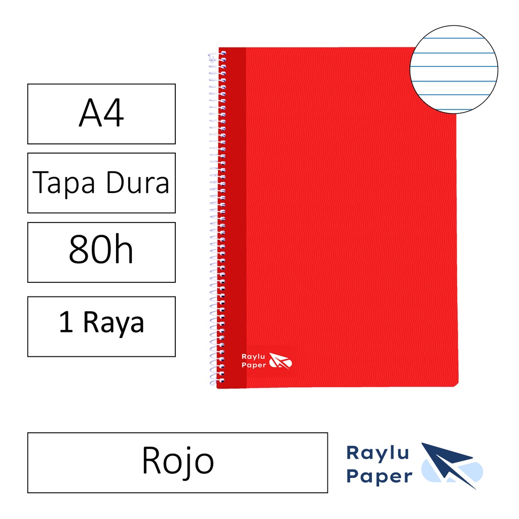 BLOC ESPIRAL FOLIO TAPA DURA 80 HOJAS 70 GRAMOS HORIZONTAL ROJO RAYLU